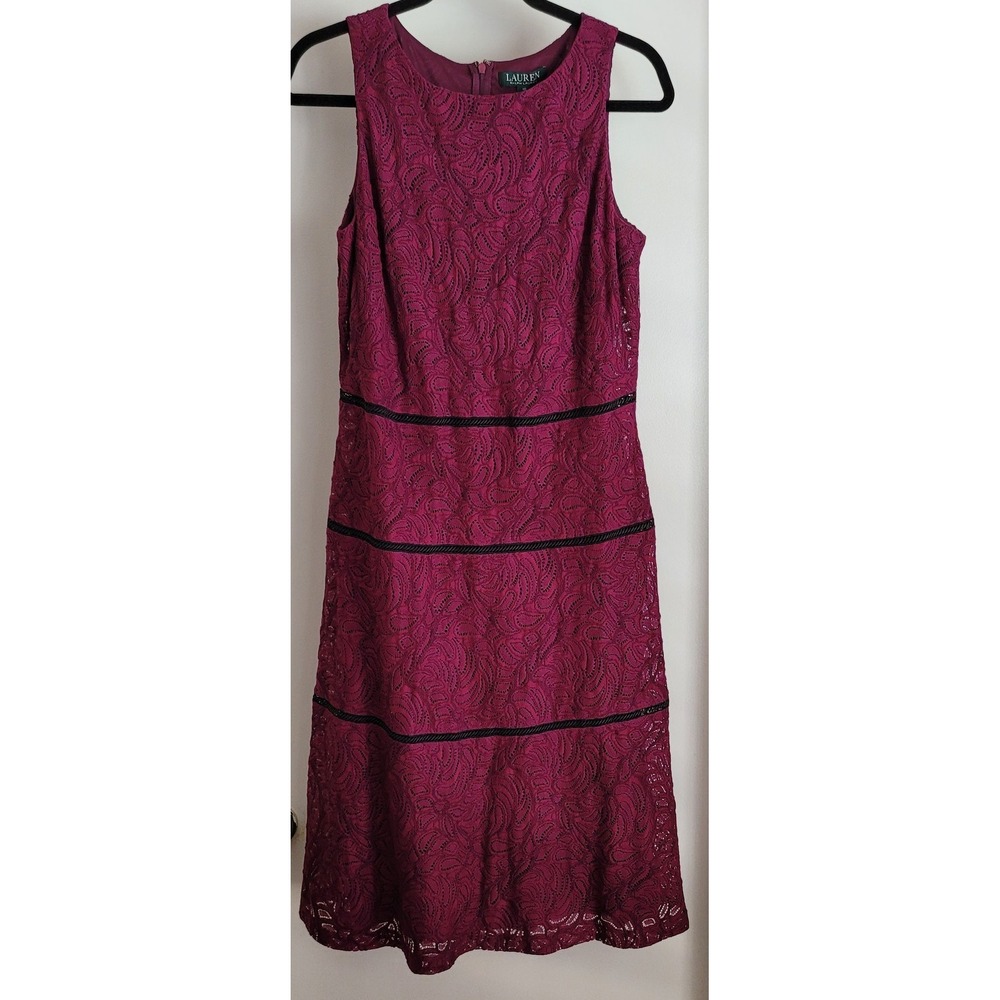 Lauren Ralph Dress Size 10 Magenta Lace Black Piping Sleeveless Shift NWT